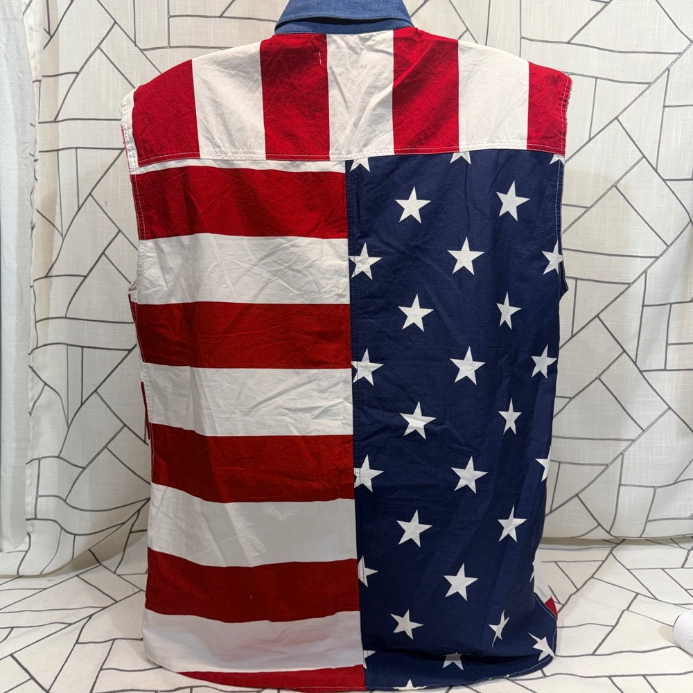 Roper Sleeveless Shirt Large Red White Blue American Flag Patriotic Button Up - Picture 2 of 7